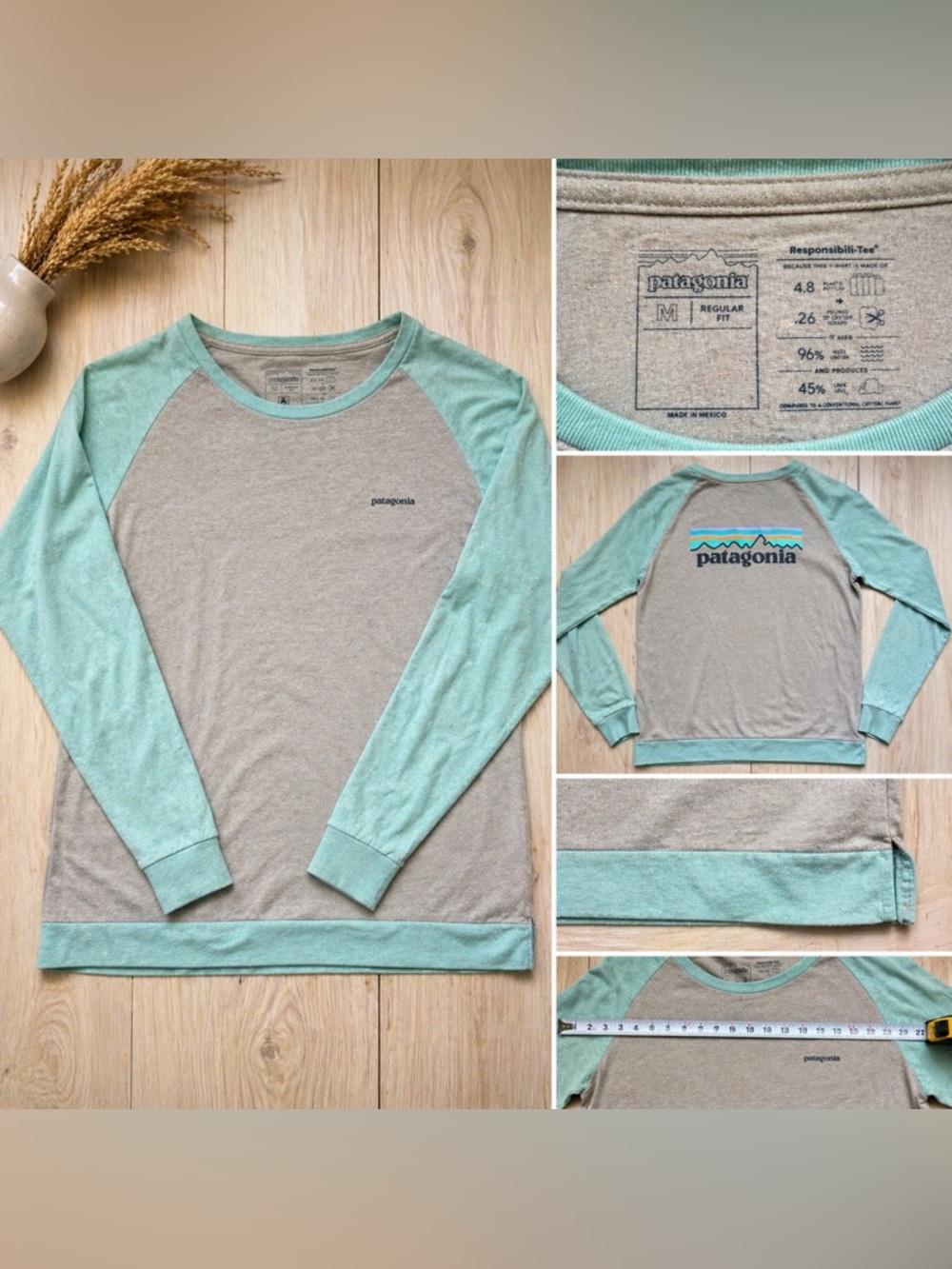 Patagonia Long Sleeve Raglan Tee Responsibili Tee Gray Green Size Medium Graphic
